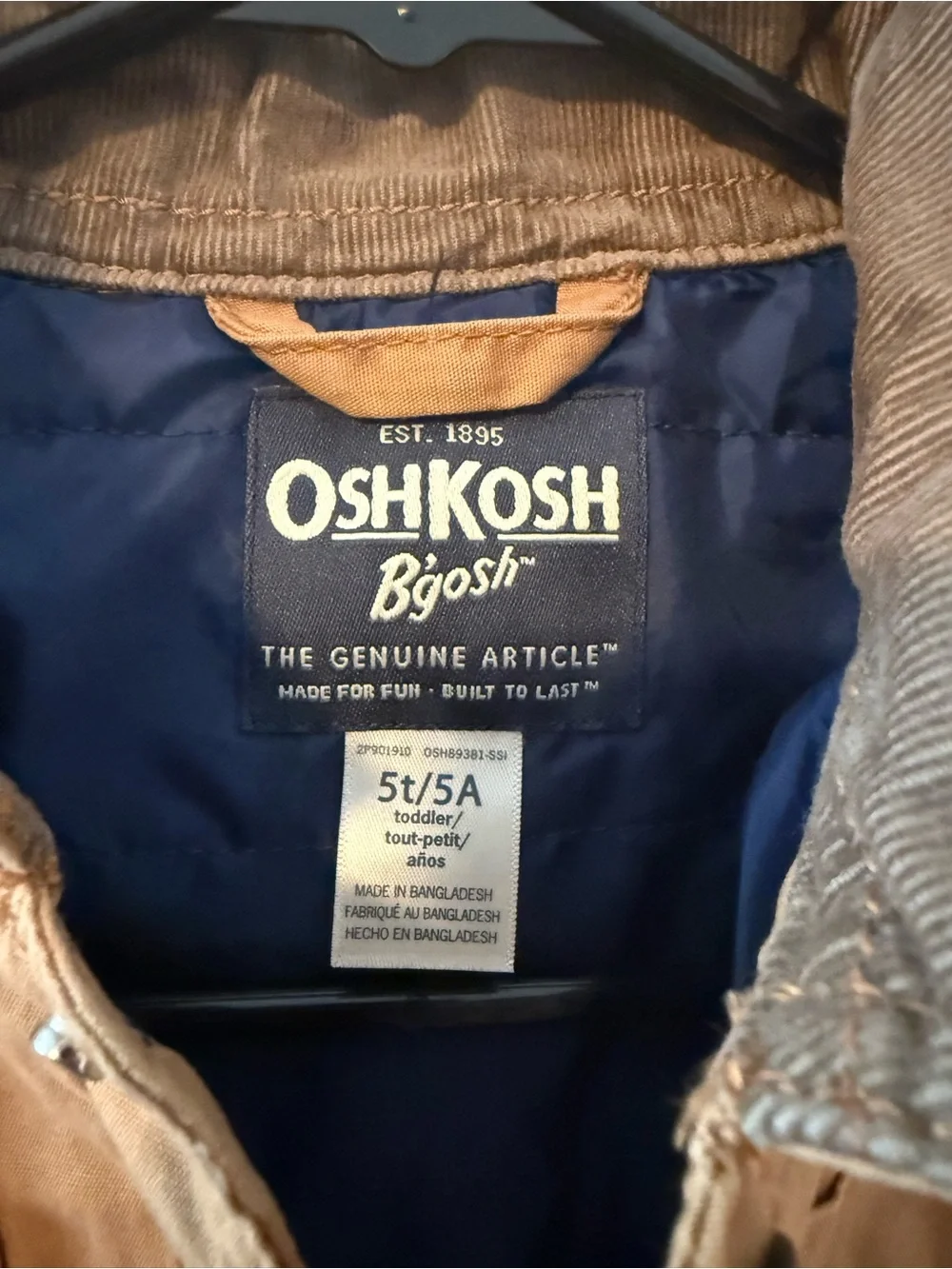 NWT OshKosh B'gosh Tan Workwear Field Jacket with Corduroy Collar 5T